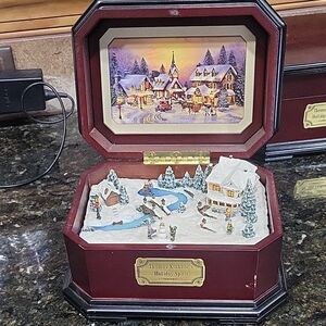 Thomas Kinkade Festive Village Music Box Cherry Wood and Gold White Christmas